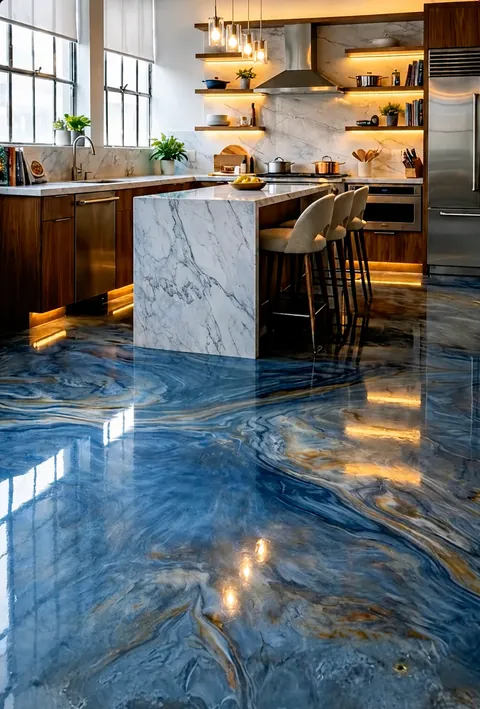 Glossy blue and gold marble-look metallic epoxy floor in a kitchen