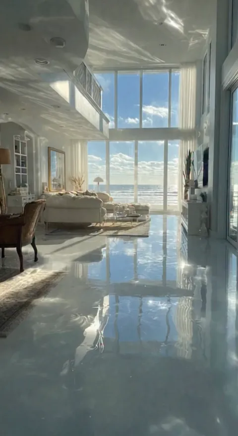 Mirror-gloss pearl white epoxy floor in an oceanfront living room