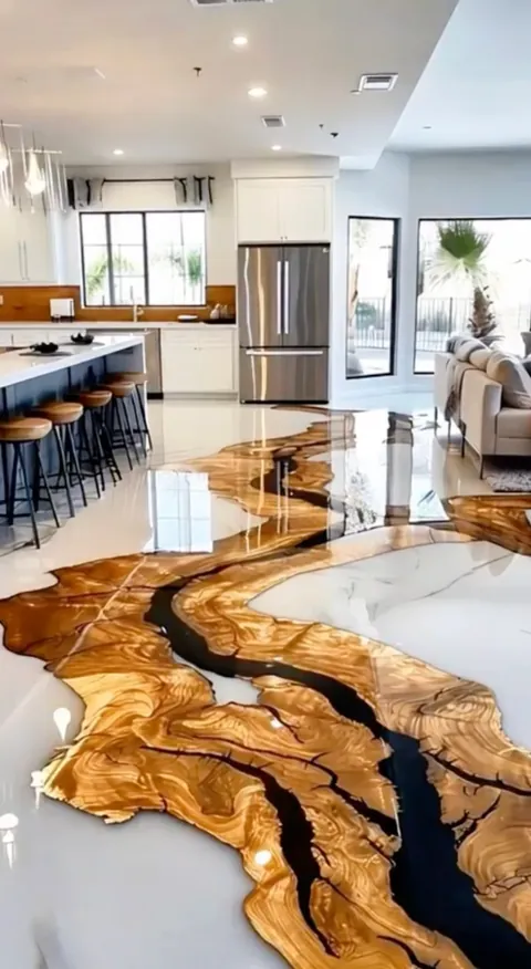 White epoxy floor with a gold wood-grain river design through a kitchen